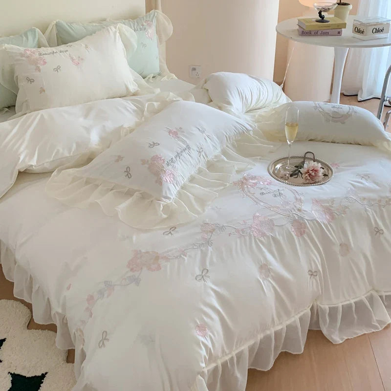 Afralia™ 4Pcs Flowers Embroidery Princess Queen Bedding Set with Lace Ruffles