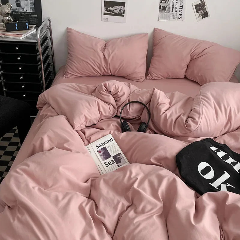 Afralia™ Washed Cotton Bed Set - Soft & Breathable 4-Piece Solid Color Duvet Cover Bed Sheet