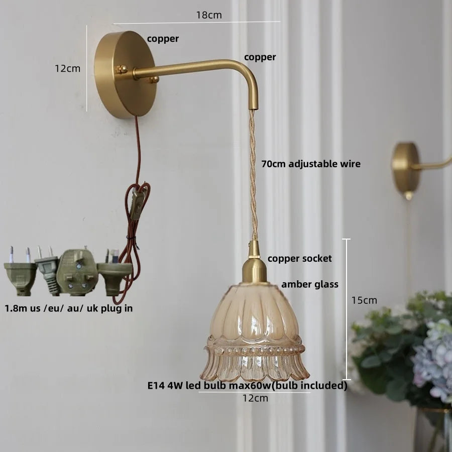 Afralia™ Amber Glass LED Wall Light with Pull Chain Switch, Modern Nordic Flower Wall Sconce