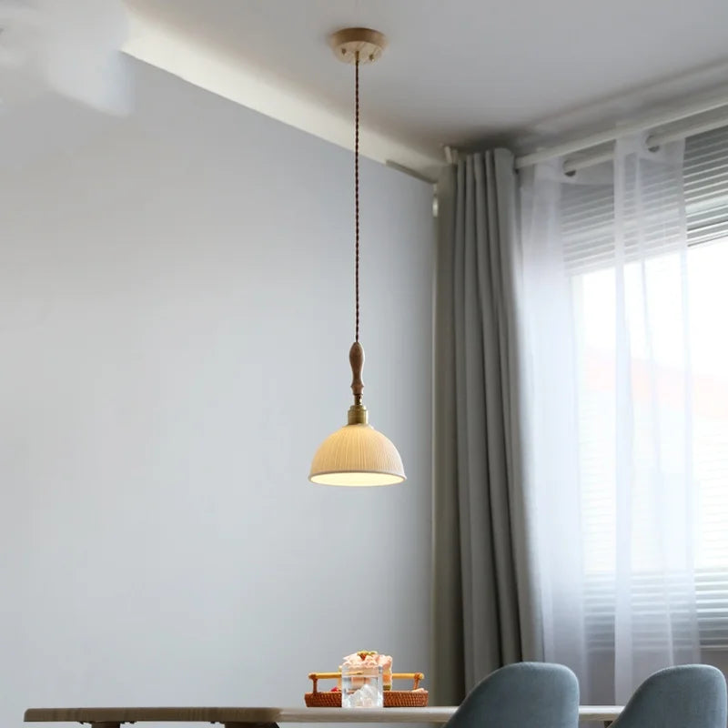 Afralia™ LED Pendant Light Ash Wood White Ceramic Japanese Style Hanging Lamp