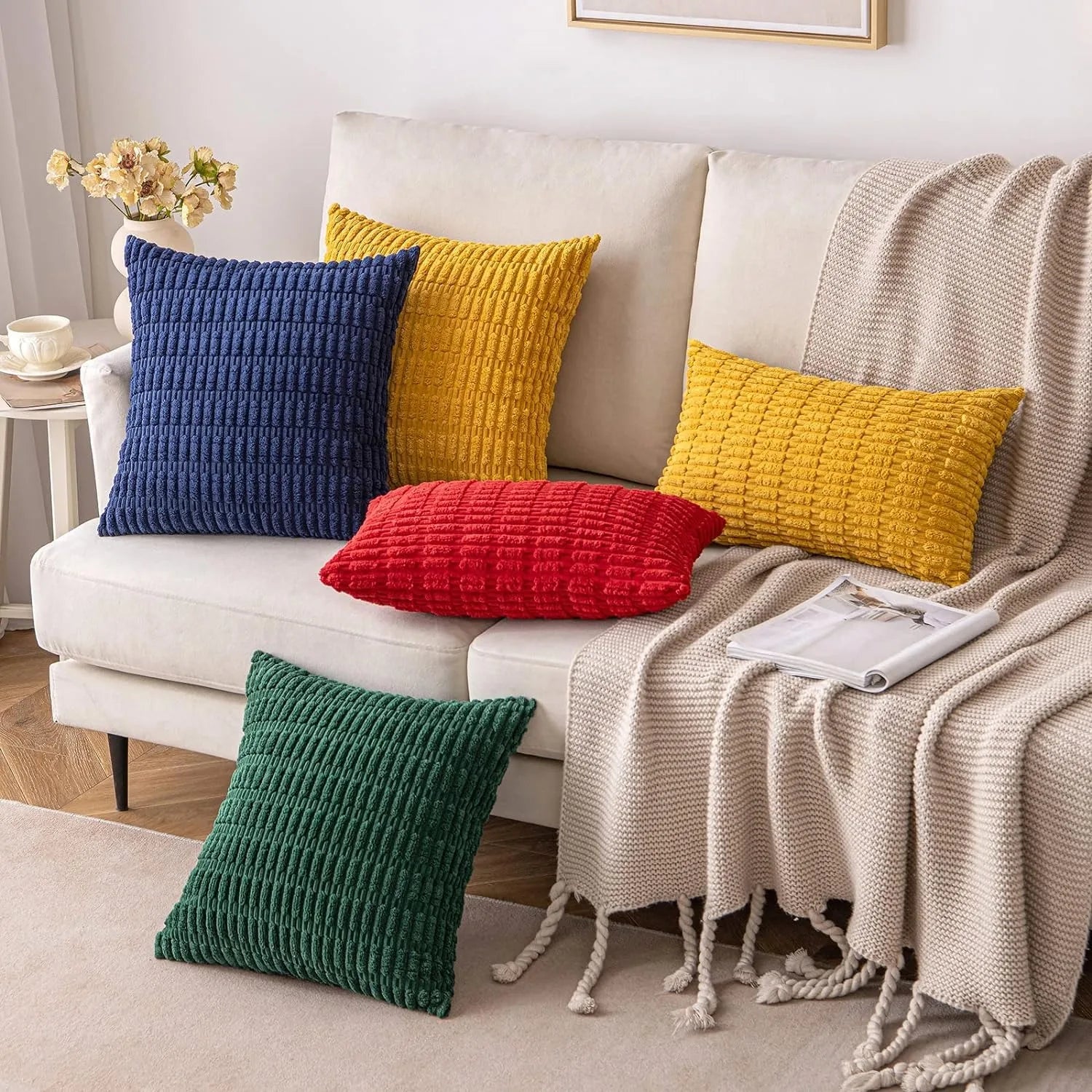 Afralia™ Solid Green Corduroy Throw Pillow Covers Set for Home Décor