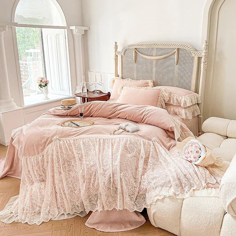 Afralia™ French Lace Ruffles Princess Wedding Bedding Set, Velvet Fleece Duvet Cover Set