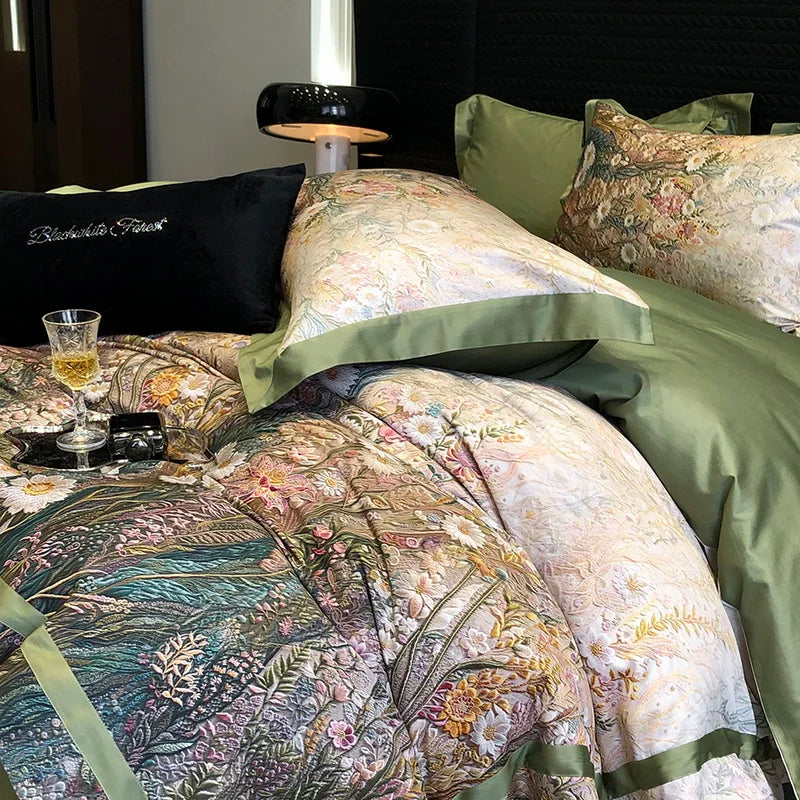 Afralia™ Luxury Flowers 1000TC Egyptian Cotton Bedding Set: 1 Duvet Cover, 1 Sheet, 2 Pillowcases