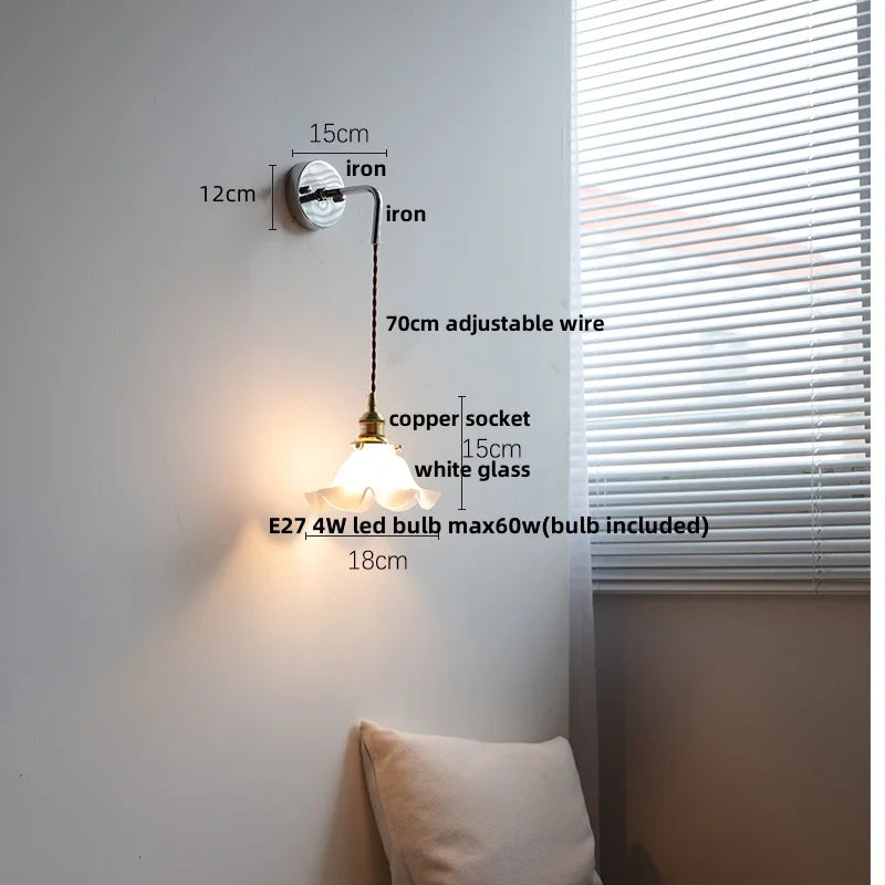 Afralia™ White Glass LED Wall Lights with Pull Chain Switch - Nordic Modern Bedside Lamp
