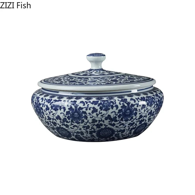 Afralia™ Blue Flower Ceramic Tea Caddy Jar - Living Room Decor or Home Ornament