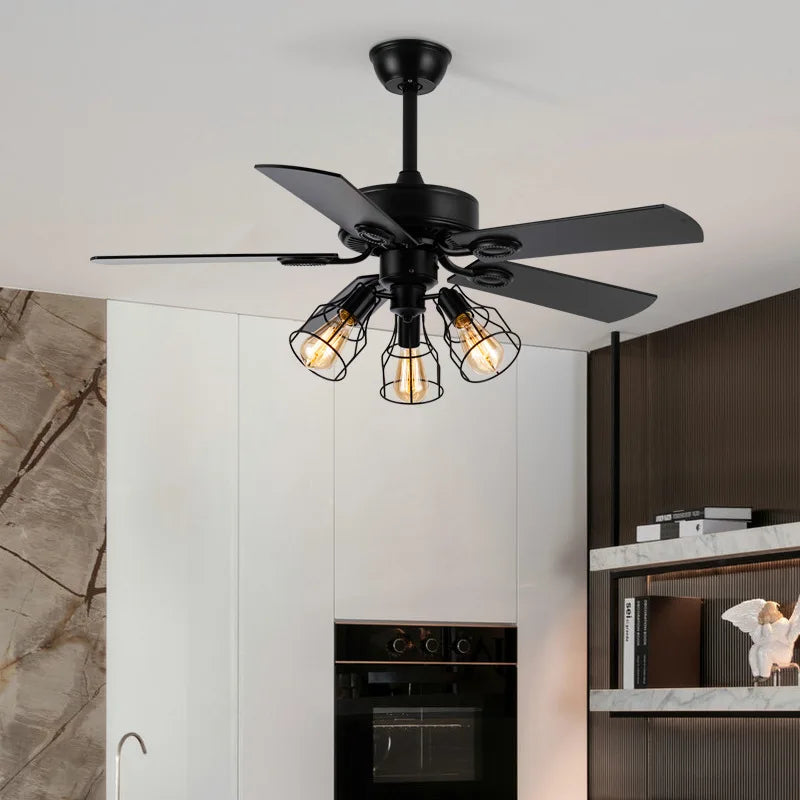 Afralia™ Retro Wooden Blades Ceiling Fan Light: American Style Iron Silent LED Chandelier