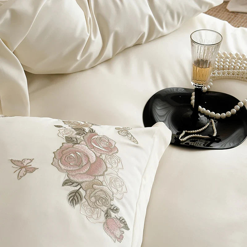 Afralia™ Vintage Rose Butterfly Embroidery Bedding Set 4Pcs