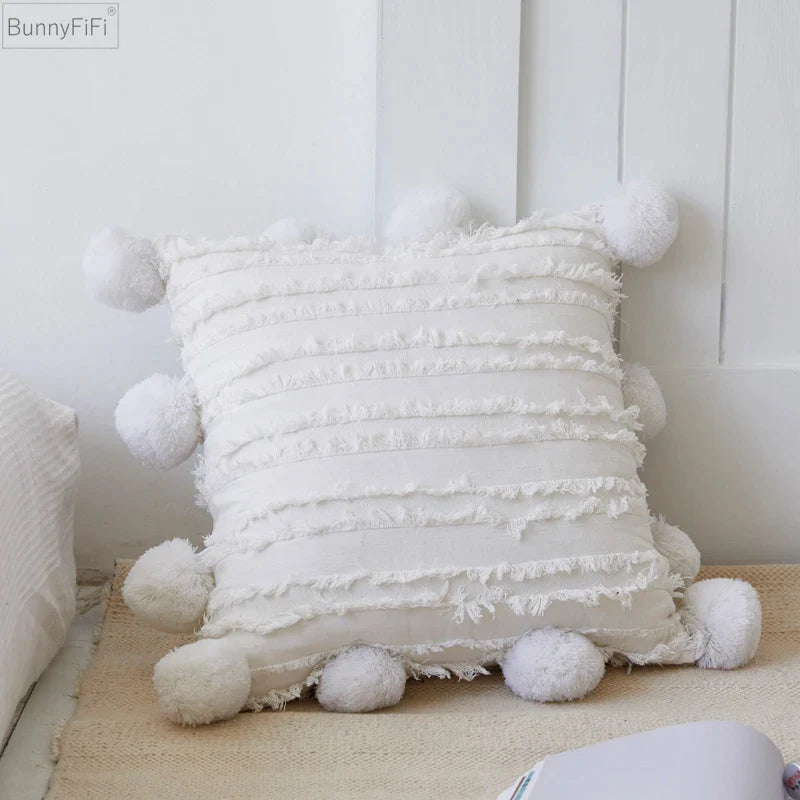 Afralia™ Floral Tassel Cushion Cover: White Yellow Grey Square Pillow case, 45x45cm