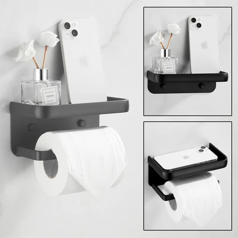 Afralia™ Aluminum Black Tissue Holder with Phone Shelf - Toilet Paper Rack