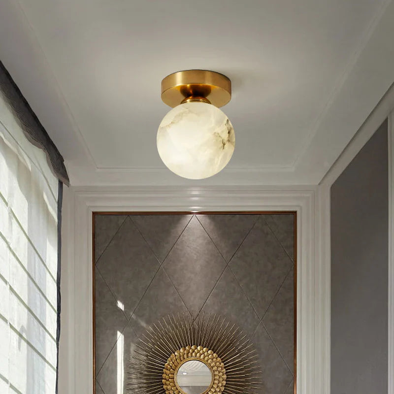 Afralia™ Golden Brass LED Marble Ball Ceiling Lamp for Restroom, Bedroom, Balcony, Aisle