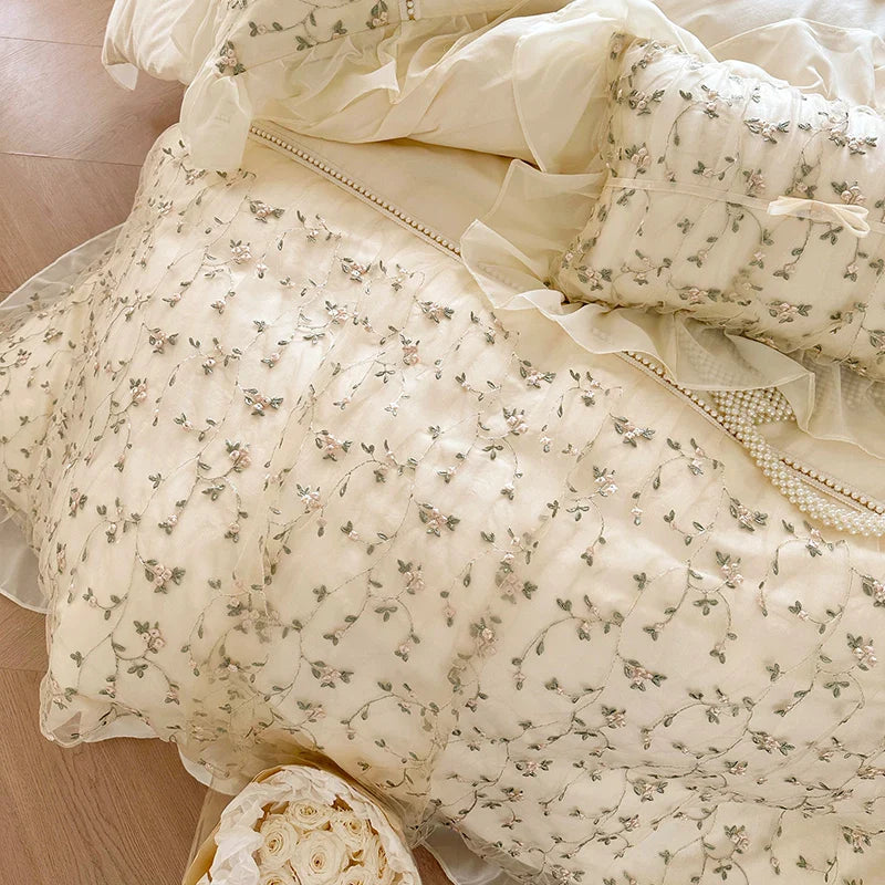 Afralia™ French Princess Floral Lace Ruffles Bedding Set with Imitation Pearls
