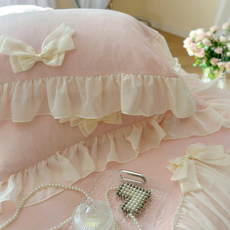 Afralia™ French Princess Lace Ruffles Bedding Set with Velvet Duvet Cover