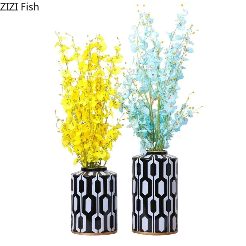 Afralia™ Geometric Stripes Ceramic Vase Home Decor Storage Tank Living Room Table