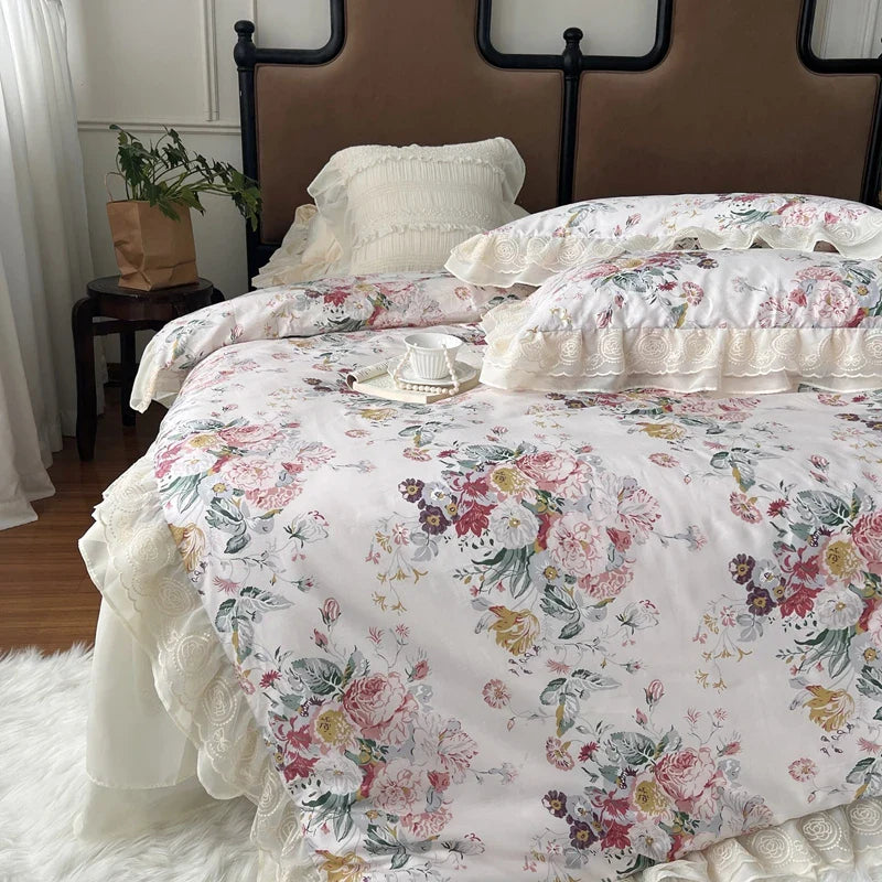 Afralia™ Vintage French Rose Flowers Double Layer Lace Ruffles Bedding Set