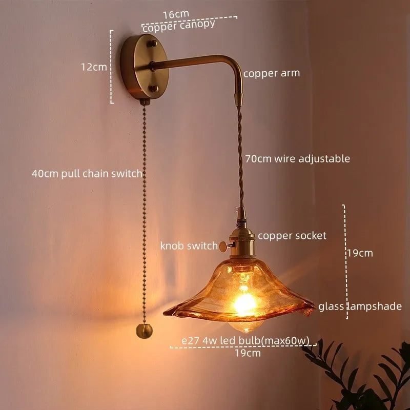 Afralia™ Glass Copper LED Wall Sconce Vintage Style for Bedroom Dining Room Mirror Lighting