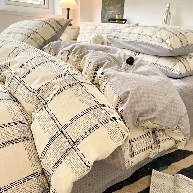 Afralia™ Grid Print Cotton Bedding Set for Single Double Beds