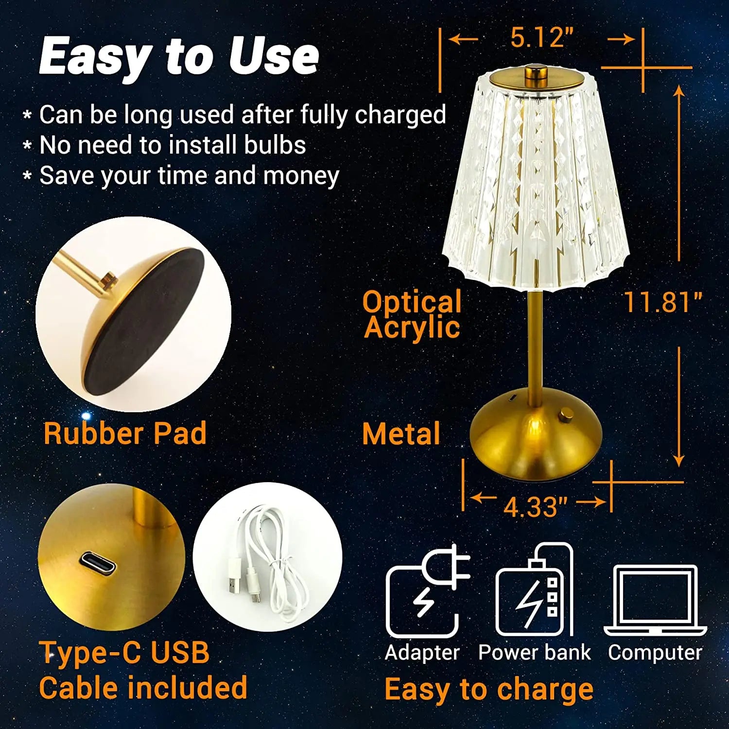 Afralia™ Crystal Diamond Touch Sensor Cordless Table Lamp