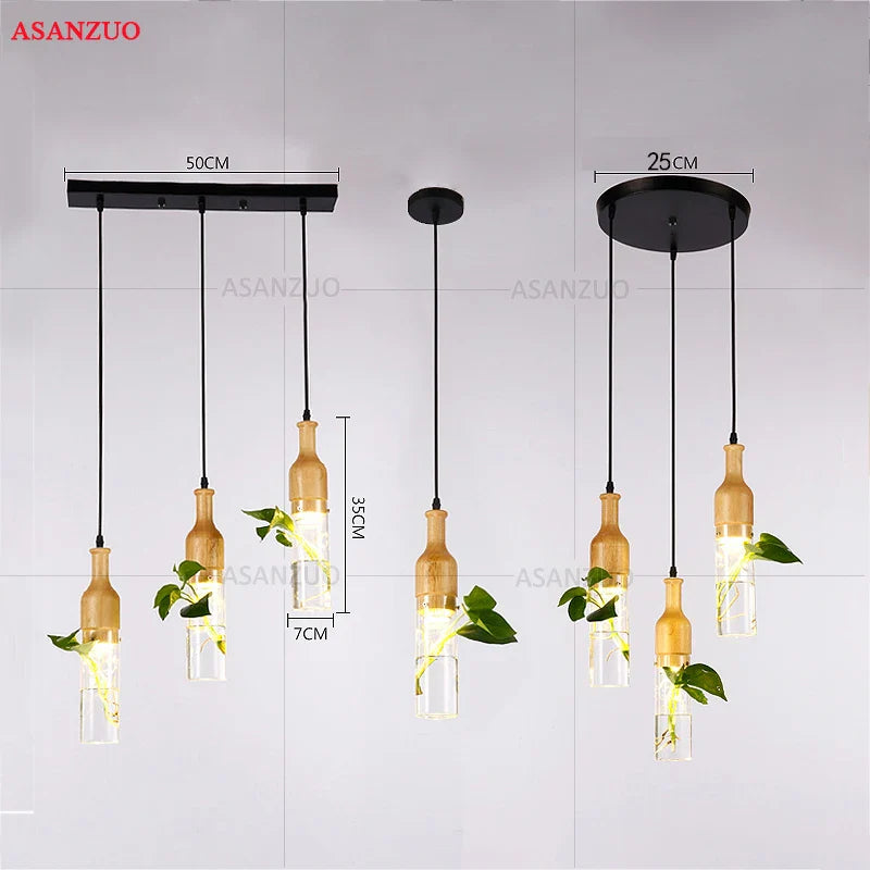 Afralia™ Modern Wood Glass Bottle Plant Pendant Light Industrial Decor E27 LED Lamp Fixture