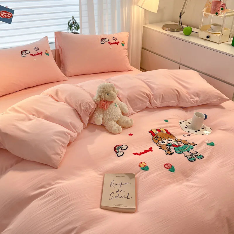 Afralia™ Cartoon Pattern Embroidered Bedding Sets: Cozy, Soft, and Breathable for Kids and Adults