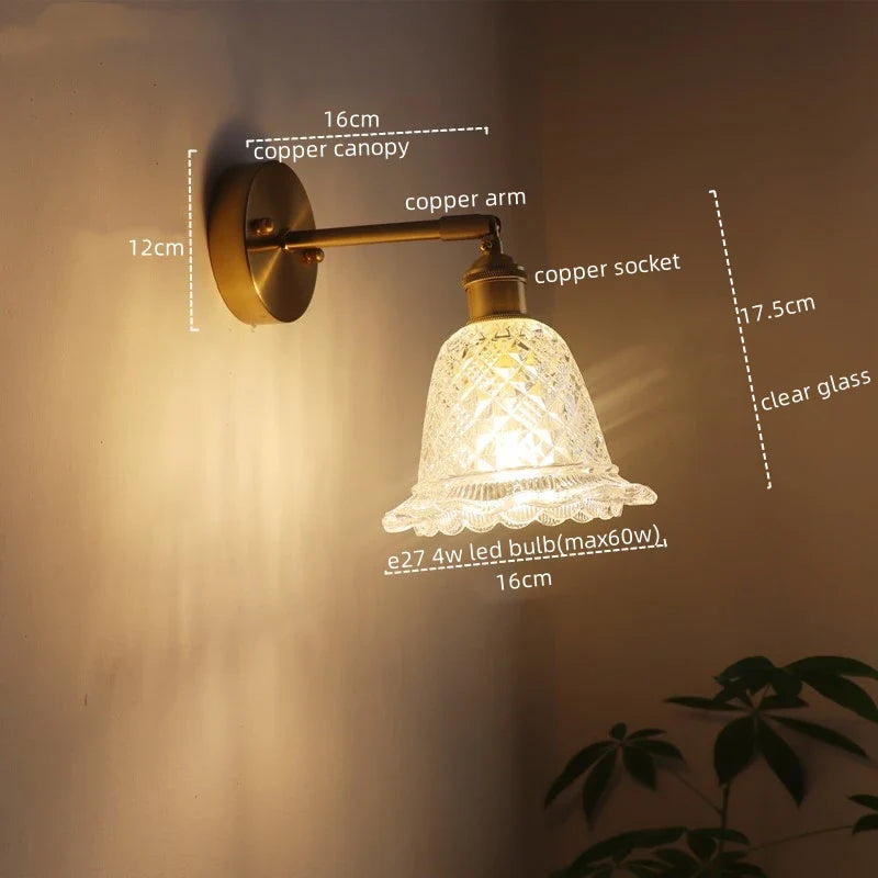 Afralia™ Vintage Copper Glass LED Wall Light with Pull Chain Switch for Dining Room Bedroom