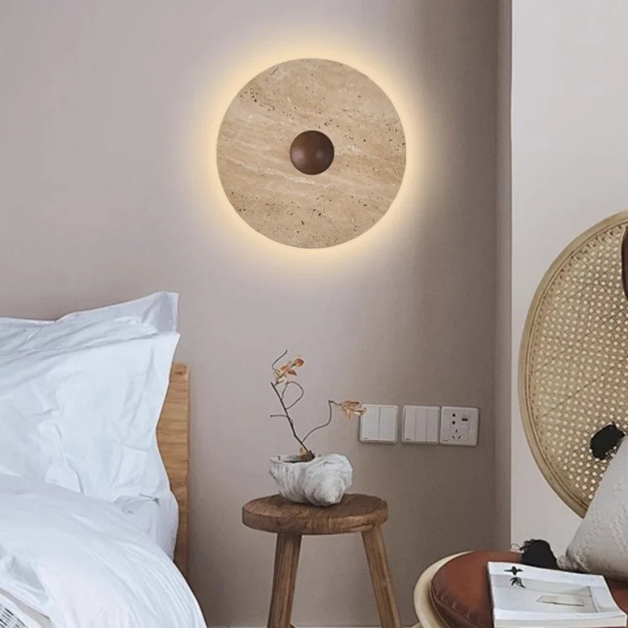 Afralia™ Round Wood LED Wall Lights Sconce for Balcony Staircase, Wabi Sabi Yellow Stone Lamp