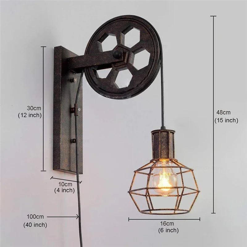 Afralia™ Wrought Iron Pulley Wall Lamp for Home Bedroom Sconce Lighting Fixture E27