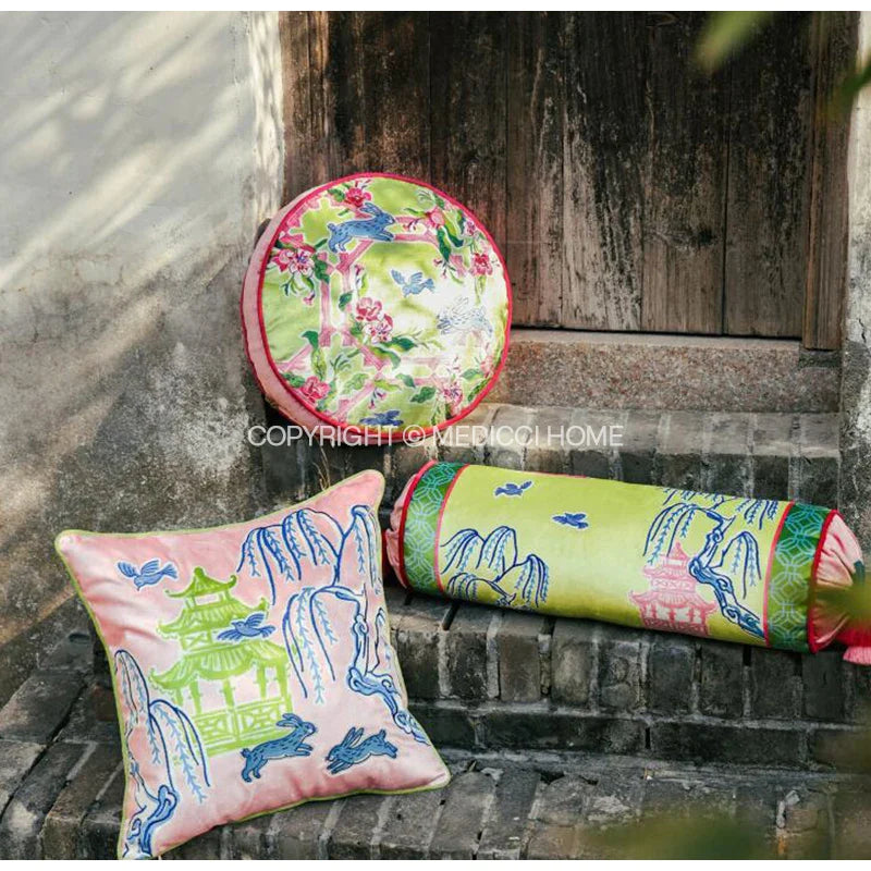 Afralia™ Spring Pavilion Rabbit Decorative Pillow Cover - Double Sided Embroidered Cushion Case