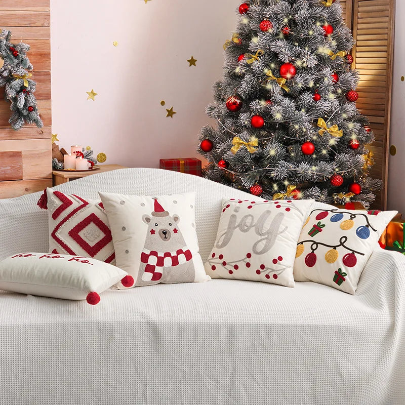 Red Christmas Bell Embroidered Cushion Cover by Afralia™ - Festive Holiday Home Decor