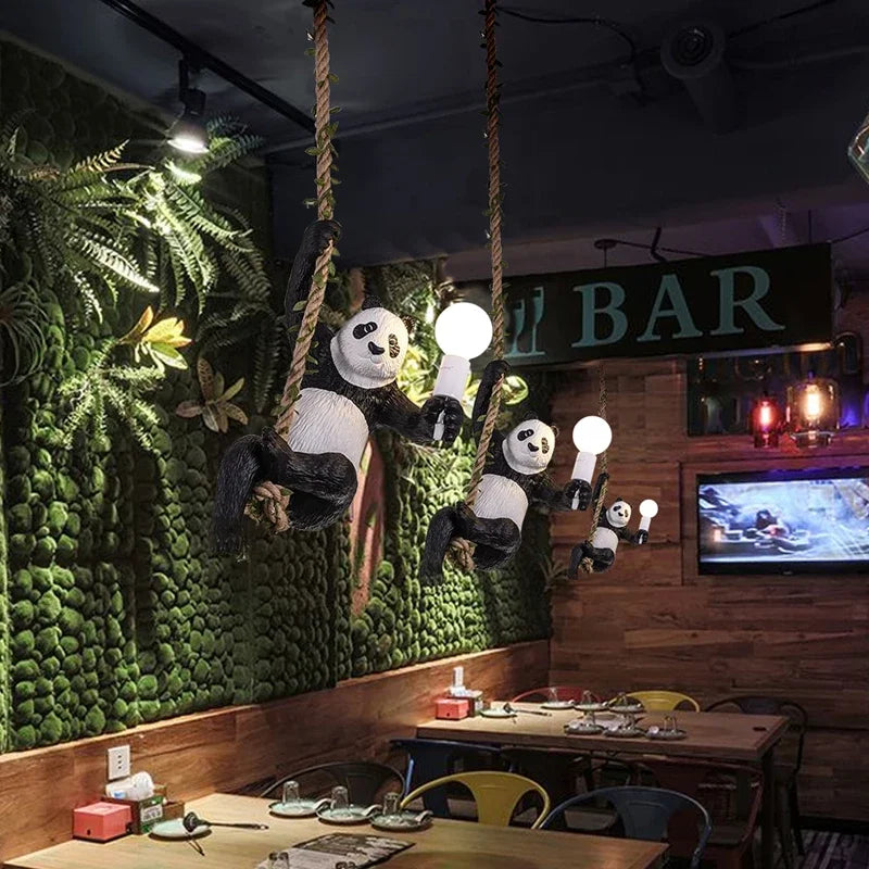 Afralia™ Resin Panda Pendant Light: Vintage Loft Hemp Rope Hanging Chandelier