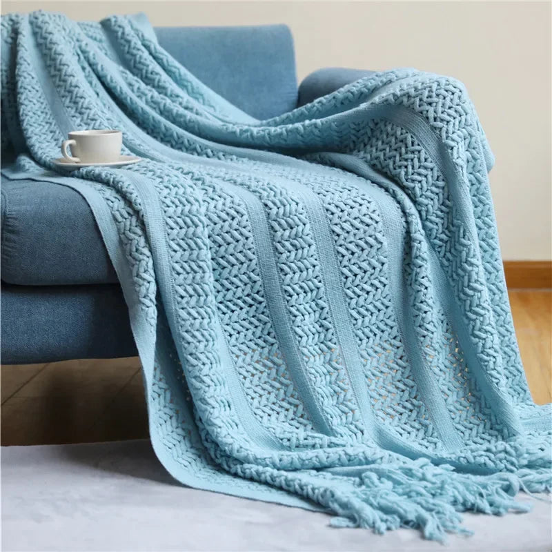 Afralia™ Nordic Knitted Sofa Blanket with Tassels - Solid Color Siesta Shawl Blanket
