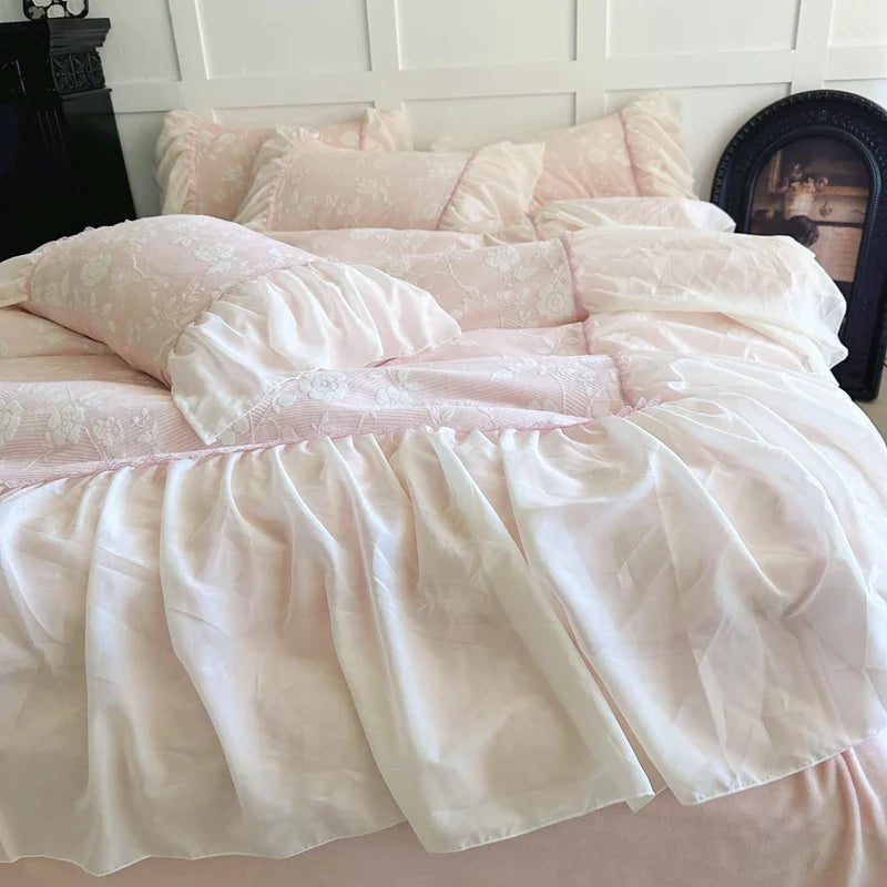 Afralia™ Lace Ruffles Velvet Princess Bedding Set: Duvet, Sheet, Pillowcases