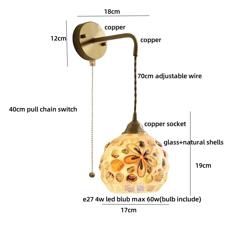 Afralia™ Amber Glass LED Wall Sconce with Pull Chain Switch for Bedroom and Bathroom