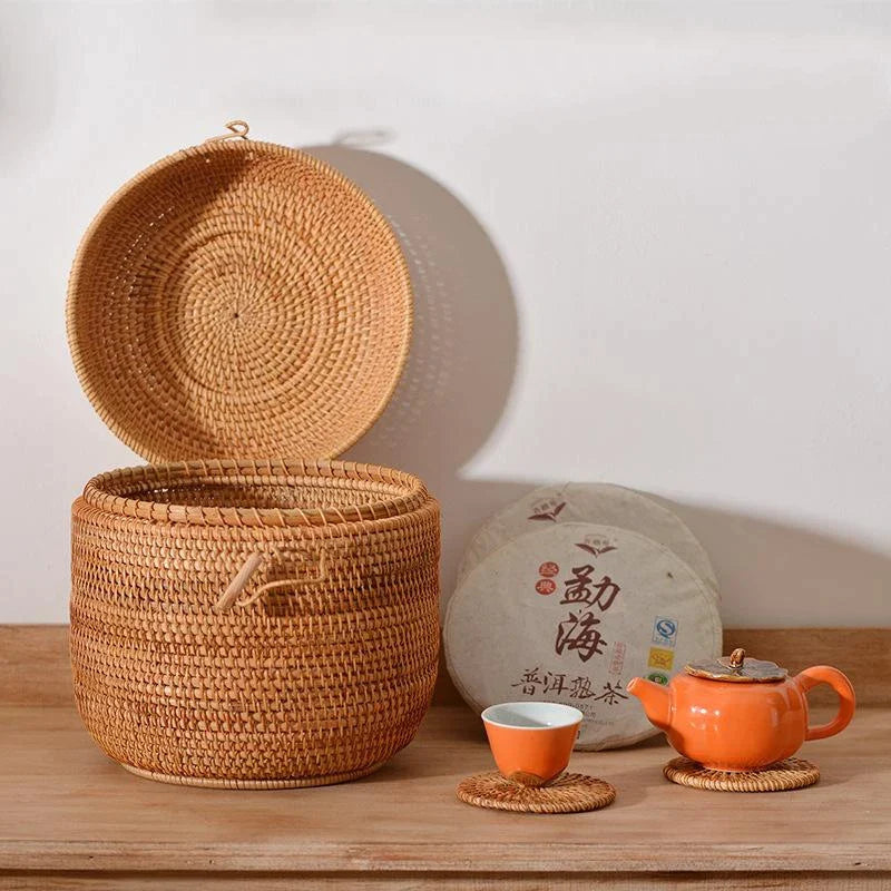 Afralia™ Rattan Tea Storage Box Puer Green Tea Caddy Snack Canister Kongfu Teaset