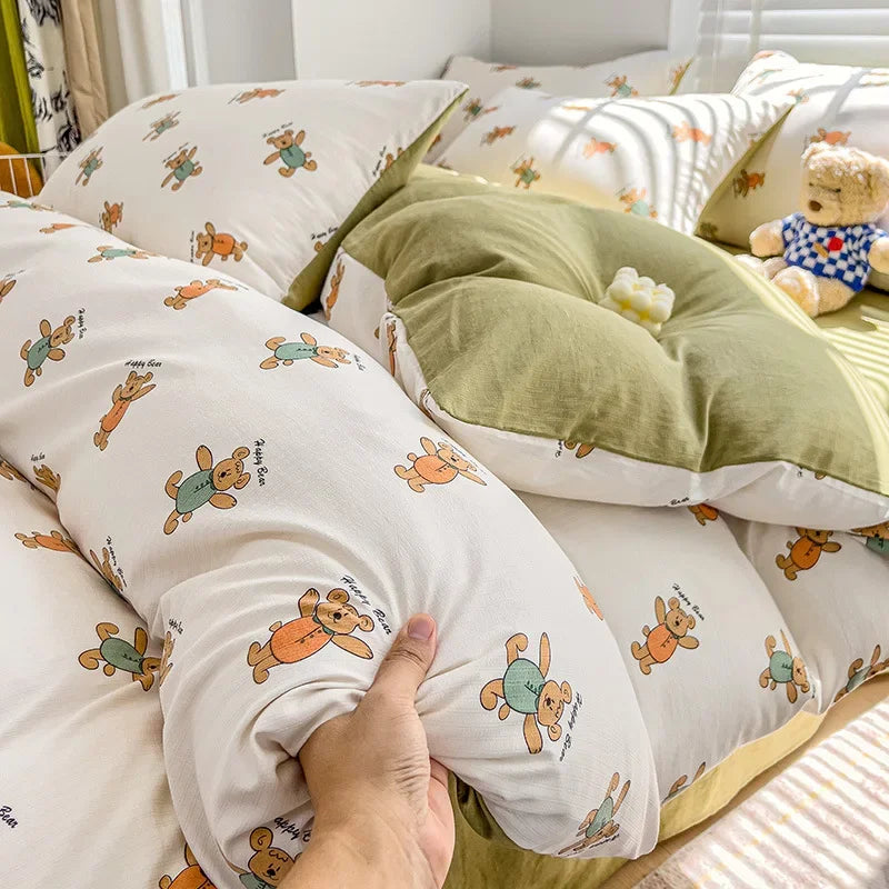 Afralia™ Cartoon Pattern Cotton Bedding Set with Double-Layer Quilt Cover & Super Soft Bedsheet