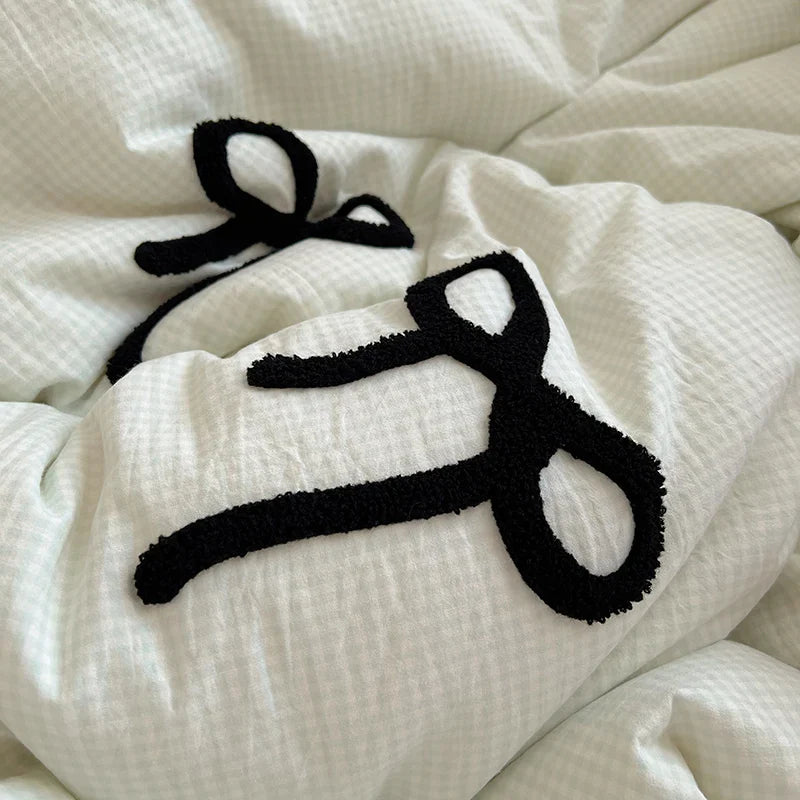 Afralia™ Korean Princess Bow Lattice Pompom Bedding Set - Single Queen Size