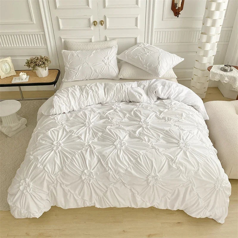 Afralia™ Luxury Pinch Pleated Duvet Cover Set Queen - Solid Color Bedding Set