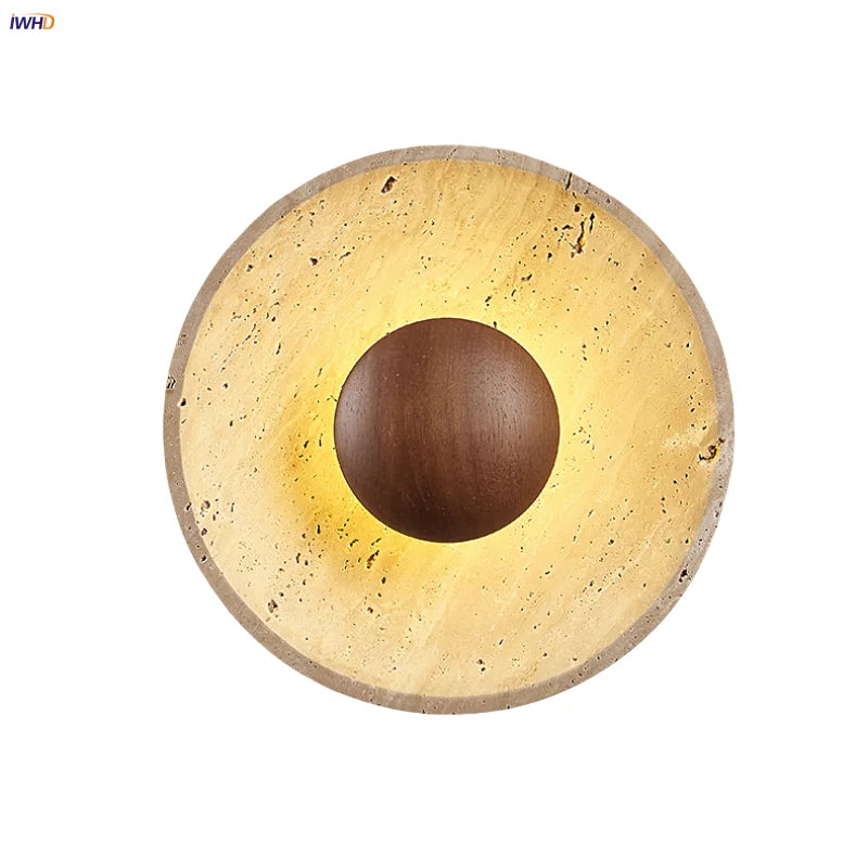 Afralia™ Retro Wood LED Wall Sconce, Yellow Travertine Stone Room Decor Stair Light