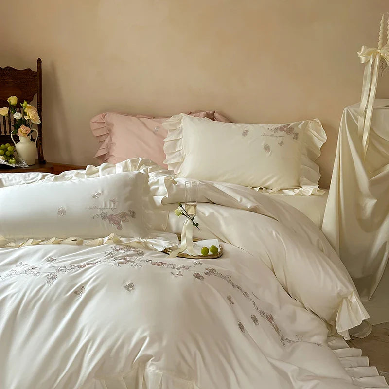 Afralia™ Princess Ruffles Flowers Embroidery 1000TC Egyptian Cotton Bedding Set