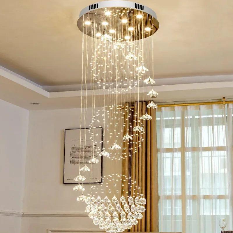 Afralia™ Elegant Crystal Chandeliers for High Ceiling Living Room Foyer Staircase Lighting