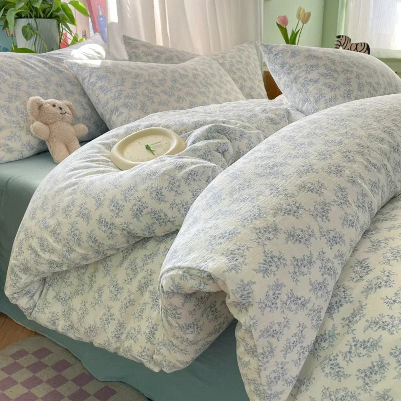 Afralia™ Small Floral Print Double-Layer Yarn Bedding Set - Super Soft Duvet Cover Kit