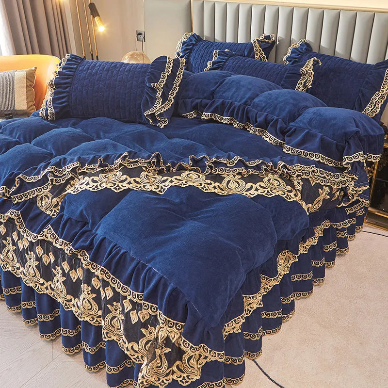 Afralia™ Velvet Bedding Set with Gold Lace Ruffles, Removable Bed Skirt & Pillowcase