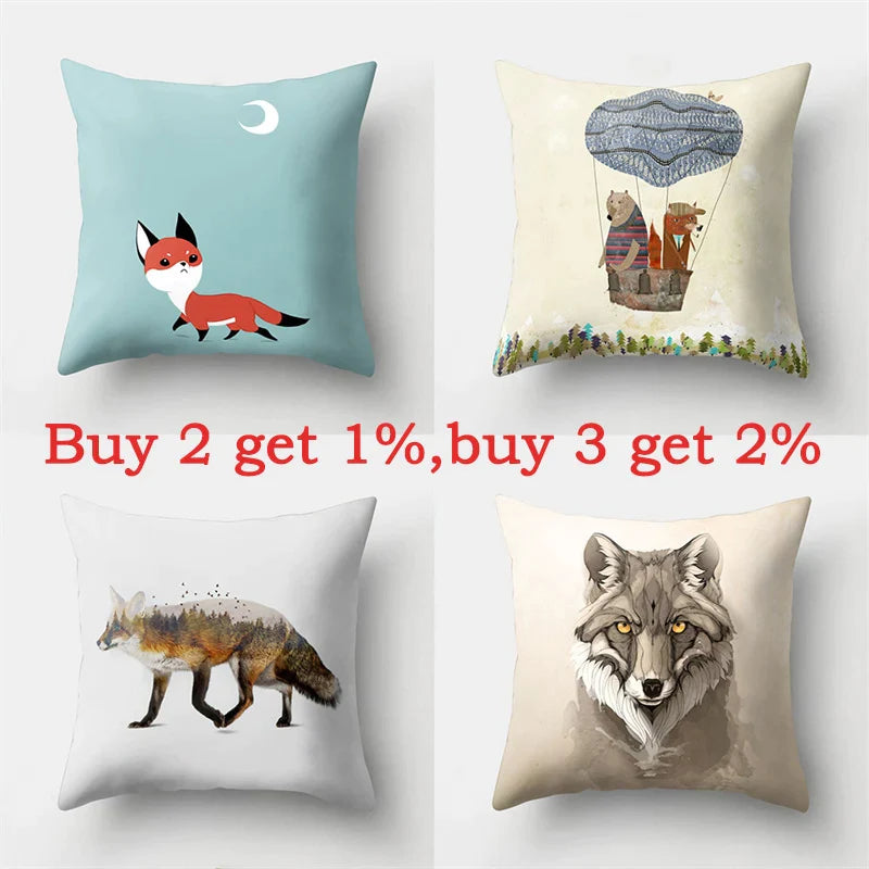 Fox Animal Sofa Pillowcase by Afralia™ - Cartoon Bird Landscape Design for Home Decoration