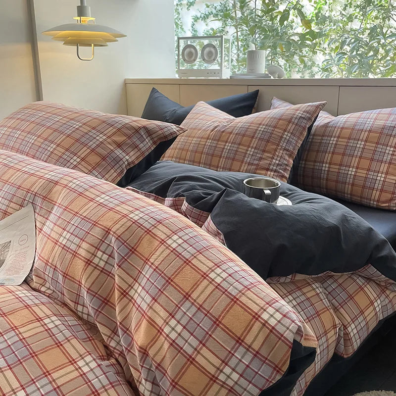 Afralia™ Plaid Cotton Bedding Set: Soft & Cozy Queen Single Fitted Sheet, Quilt Cover, Pillowcase