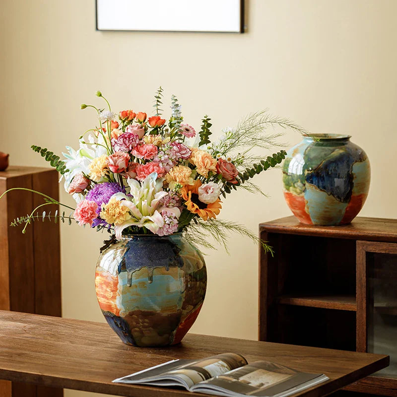 Afralia™ Ceramic Vase with Unique Color Stitching, Hand-drawn Floral Design - Home Decor Accessory