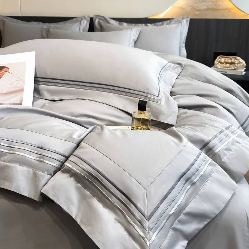 Afralia™ Luxury Hotel Bedding Set | Cotton | Queen King Size | Embroidered Solid Color