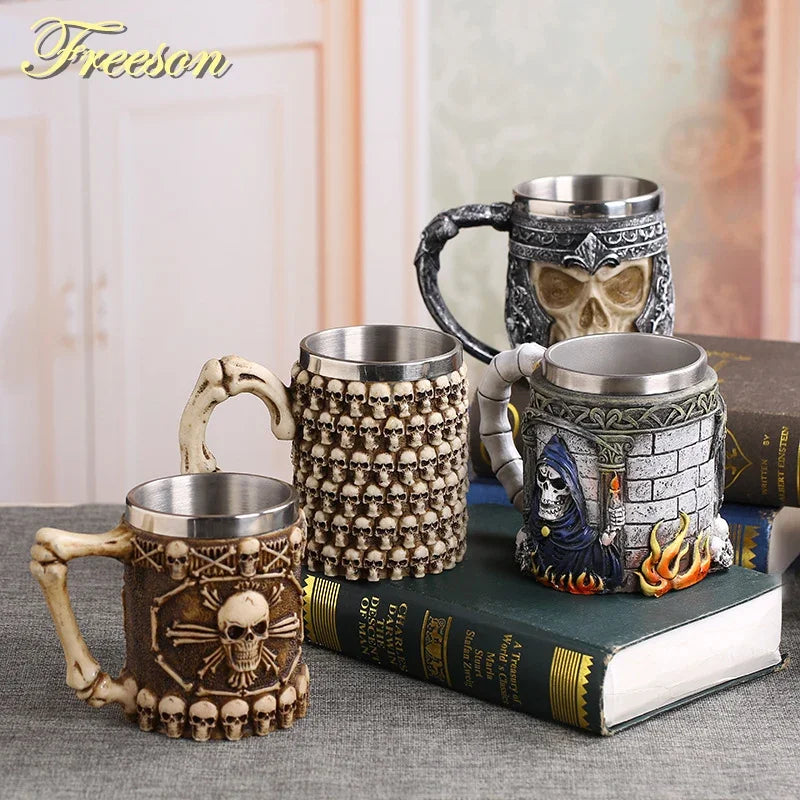 Gothic Skull Resin Stainless Steel Beer Mug by Afralia™ - Dragon Knight Tankard for Halloween and Christmas