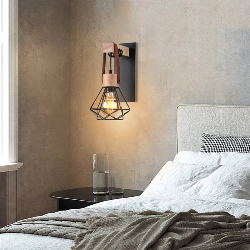 Afralia™ Retro Iron Wooden Cage Wall Lamp - Adjustable Indoor Light for Home Décor