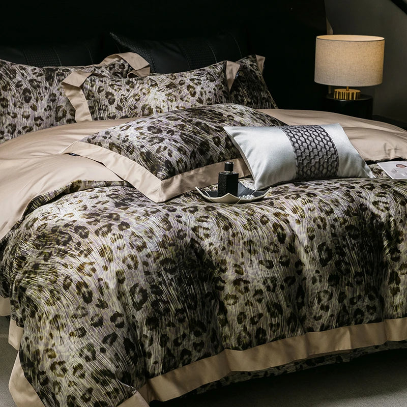 Afralia™ Feather Leopard Print Luxury 1000TC Egyptian Cotton Bedding Set