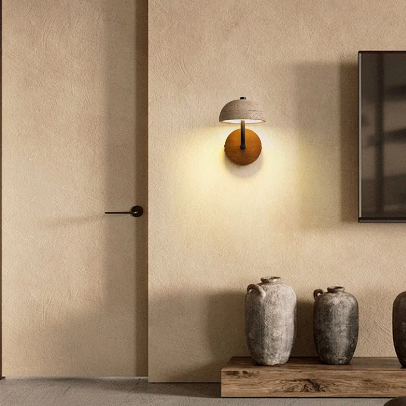 Afralia™ Vintage LED Wall Sconce Lamp Yellow Travertine Pull Chain Switch Wood Mirror Light