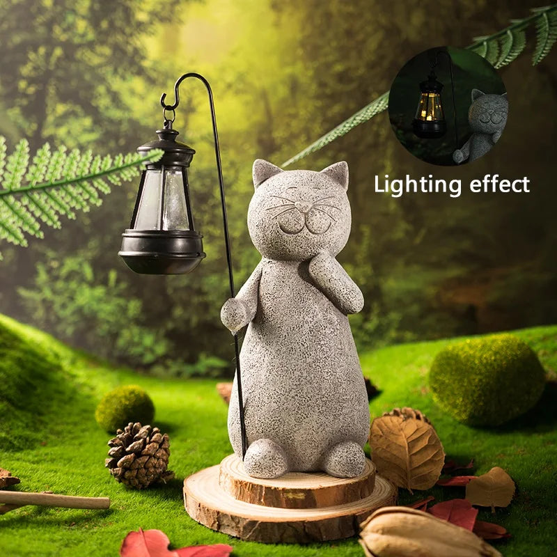 Afralia™ Solar Cat Figurine with LED Light for Garden Decor